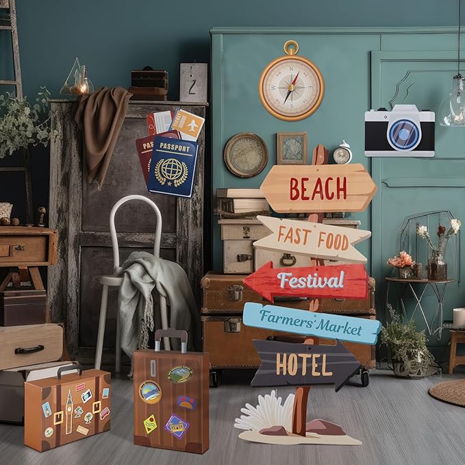 Tenceur 6 Pieces Travel Party Decorations Sets Adventure Signs 47.2 Inch Road Stand Cutouts Travel Around The World Suitcase Box Compass Passport Camera Sign for Photo Booth Props Party Supplies