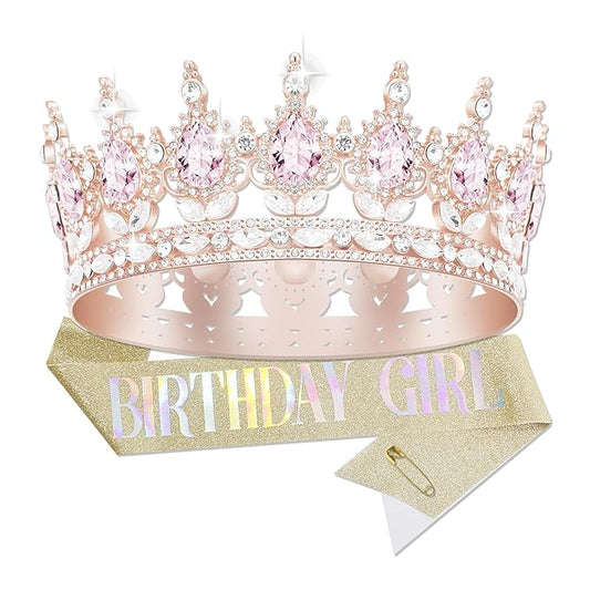 Queen Crown Birthday Crowns for Women, Birthday Girl Sash, Birthday Tiara for Women Set, Princess Rhinestone Birthday Girl Headband Birthday Gifts for Women, Sweet Happy Accessories