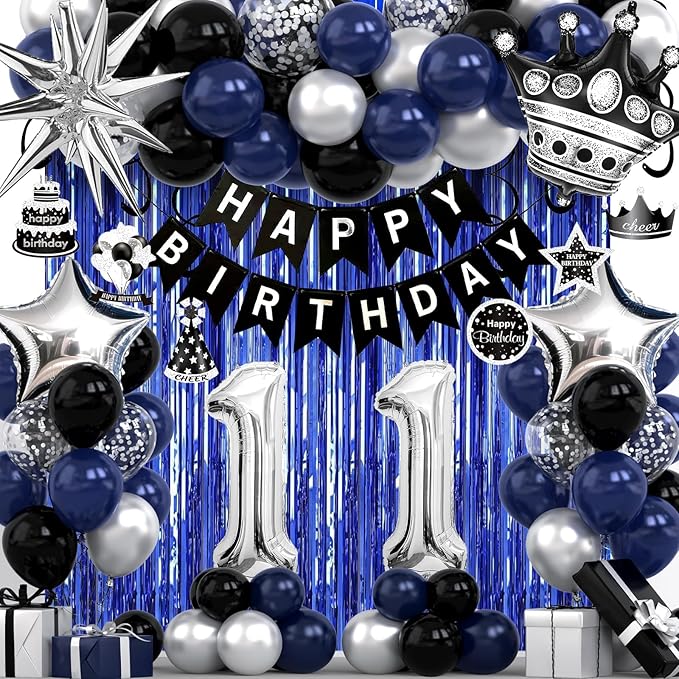 11th Birthday Decorations for Boys and Girls, Black Blue Silver Happy Birthday Number 11 Balloons, Banner, Fringe Curtains Garland Kit - 11 Year Old Party Supplies