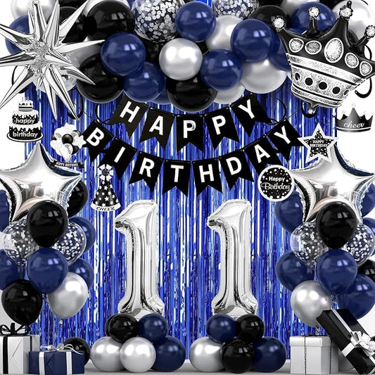 11th Birthday Decorations for Boys and Girls, Black Blue Silver Happy Birthday Number 11 Balloons, Banner, Fringe Curtains Garland Kit - 11 Year Old Party Supplies