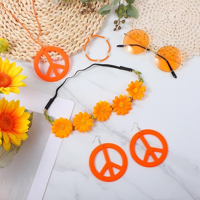 6Pcs Hippie Costume Accessories Set, Boho Peace Sign Daisy Flower Round Hippie Sunglasses and Peace Sign Necklaces and Earrings 60s 70s Party Favors Decoration for Halloween and Christmas Girls Women