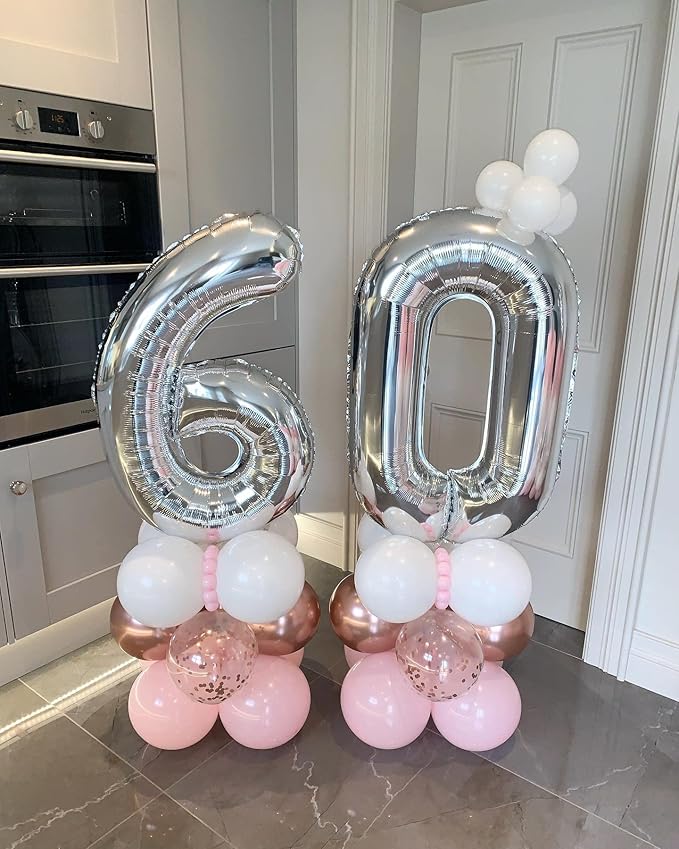 40 Inch Silver 60 Number Balloons Giant Jumbo Huge 60 Foil Mylar Helium Number Digital Balloons Silver Birthday Mylar Digital Balloons 60 Birthday Party 60th Anniversary Events Party Decorations
