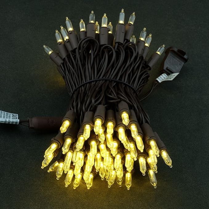 YULETIME Warm White LED Christmas Lights with Brown Wire, 33 ft 100 Count UL Certified Commercial Grade Holiday String Light Set (Warm White - Brown Wire)