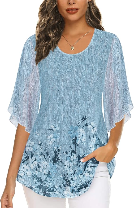 Ninedaily Women's Tops 3/4 Sleeve Blouses Dressy Casual Double Layers Mesh Tunic Shirts