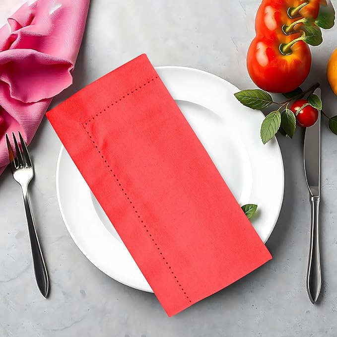 Urban Villa Cloth Napkin Set of 12 Hemstitch Solid Red 20x20 Inches Premium Soft Cotton Highly Absorbent Reusable & Washable Dinner Table Napkins for Home and Weddings