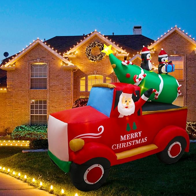 8 FT Christmas Inflatables Decorations Outdoor，Santa Christmas Tree Delivery Truck and Penguin with Built-in LED Lights for Indoor Holiday Party Yard Garden Lawn Décor