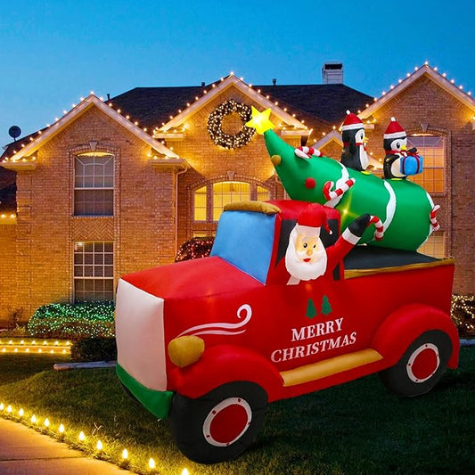 8 FT Christmas Inflatables Decorations Outdoor，Santa Christmas Tree Delivery Truck and Penguin with Built-in LED Lights for Indoor Holiday Party Yard Garden Lawn Décor