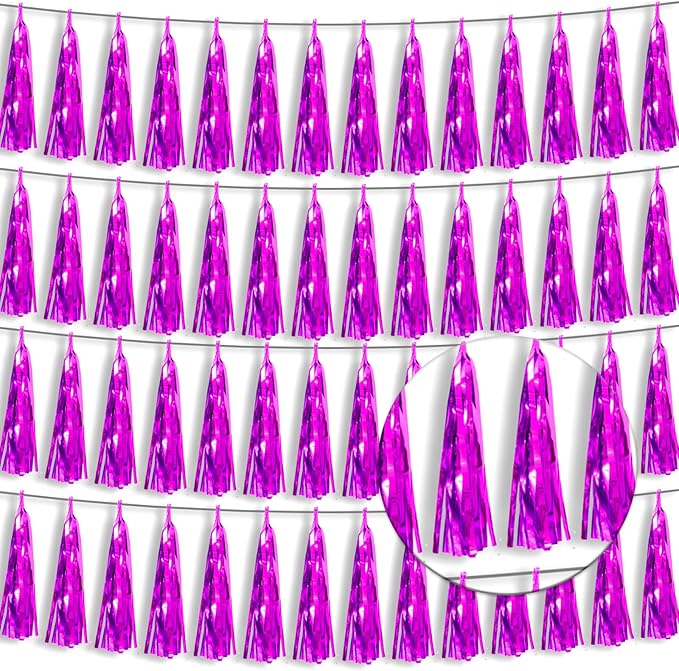4P Hot Pink Foil Fringe Tassel Banner Garland Metallic Tinsel Streamers Wall Hanging Curtain Backdrop Banners for Parade Floats, 2024 Graduation Decorations, Wedding Party Decoration
