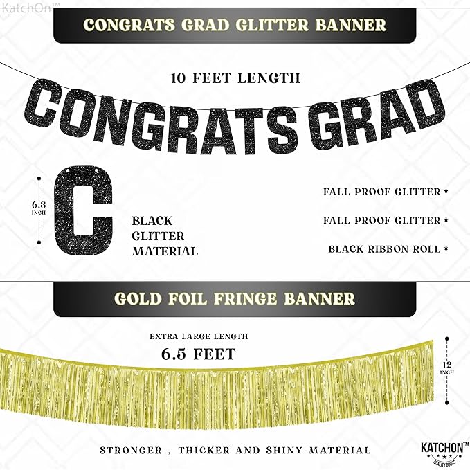 KatchOn, Congrats Grad Banner Gold Set - 6.5 Feet | Black and Gold Graduation Decorations 2025 | Gold Foil Fringe Curtain, Congrats Grad Sign For Backdrop | gold Fringe Backdrop