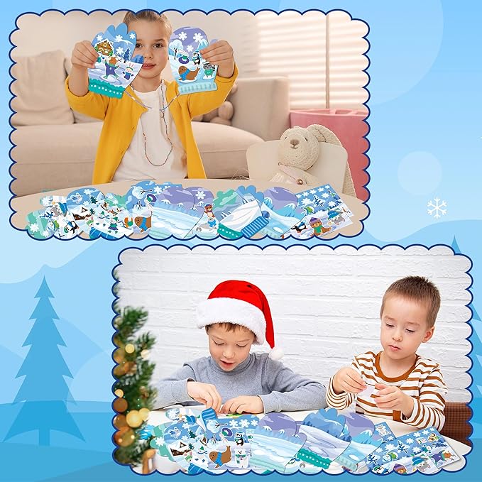 CY2SIDE 12 Set Polar Animal Glove Scene Sticker Art Craft for Kids, Make A Winter Glove Scene with Polar Animal Sticker, DIY Winter Holiday Party Games for School Classroom Activities