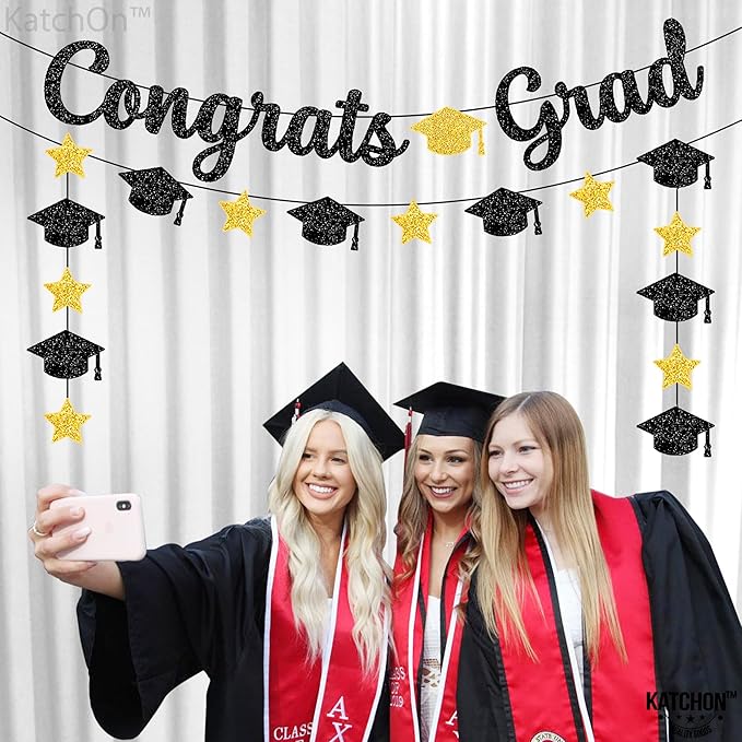 KatchOn, Glitter Black and Gold Congrats Grad Banner - 10 Feet | Black and Gold Graduation Banner, Cap Garland for Graduation Decorations 2025 | 2025 Grad Party Decorations