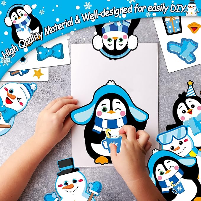 chiazllta 30 PCS Winter Christmas Craft Kits for Kids Holiday DIY Snowman Penguin Sticker Craft Ornament Xmas Art Craft for Party Home Class Game Activities…