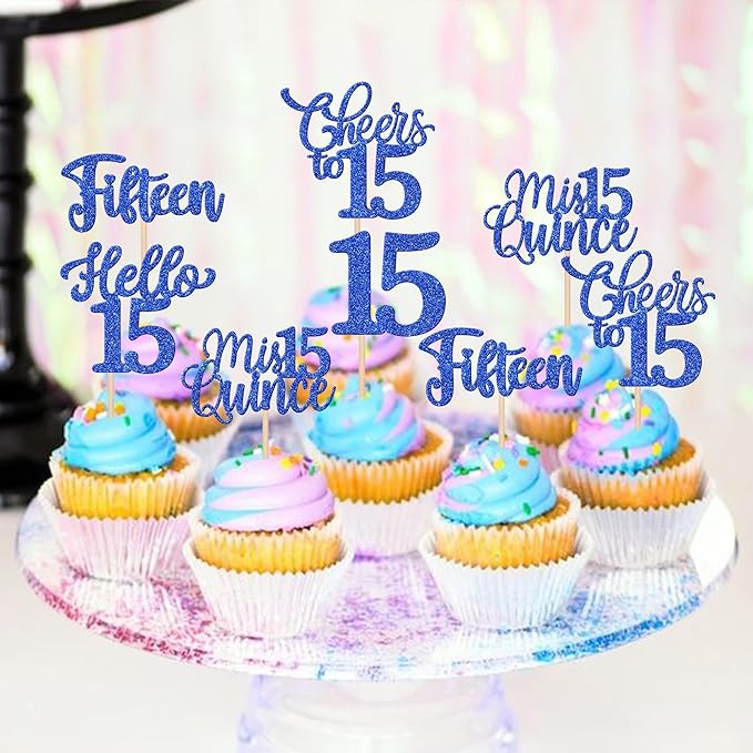 30PCS Happy 15th Birthday Cupcake Toppers Glitter Fifteen Mis Quince Hello 15 Cupcake Picks Cheers to 15 Birthday Decorations for 15th Birthday Anniversary Party Cake Decoration Supplies Blue