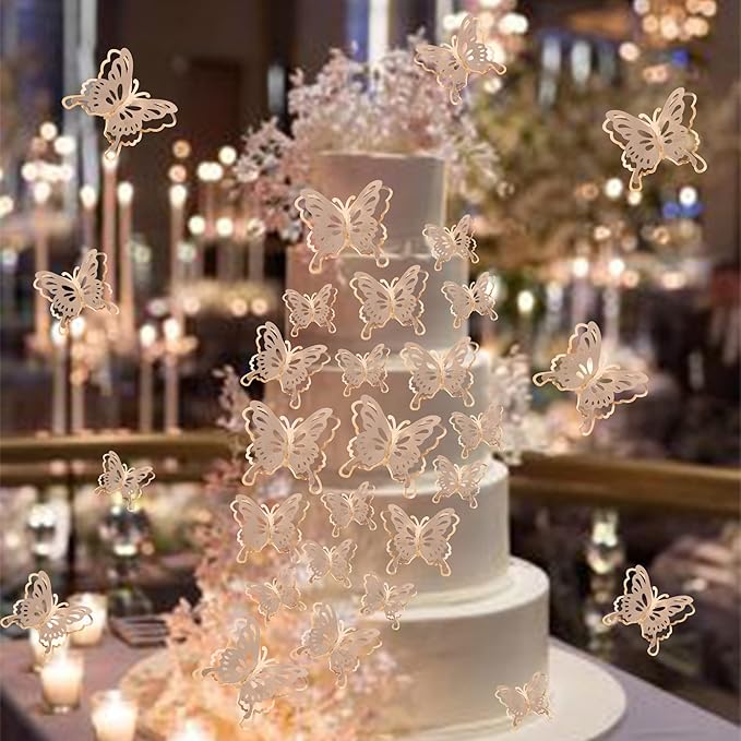 40 PCS Champagne Gold Lively 3D Butterfly Cupcake Toppers Mixed Size Hollow Art Butterfly Cupcake Topper Baby Shower Wedding Anniversary Birthday Party Cake Wall Decorations Supplies