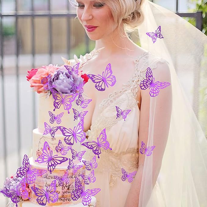 40 PCS Deep Purple Laser 3D Butterfly Cupcake Toppers - Hollow Arts Cake Decorations for Baby Shower, Wedding, Fairy Birthday Party Supplies - Wall Sticker Decoration Mixed Styles