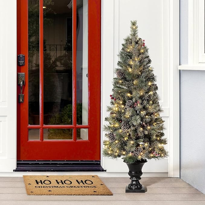 Glitzhome 5ft Pre-Lit Flocked Christmas Tree with Red Berries and Pine Cones, 130 Warm White Lights, 372 PVC & Pine Needle Mixed Tips, Potted Christmas Tree for Porch Home Holiday Decor