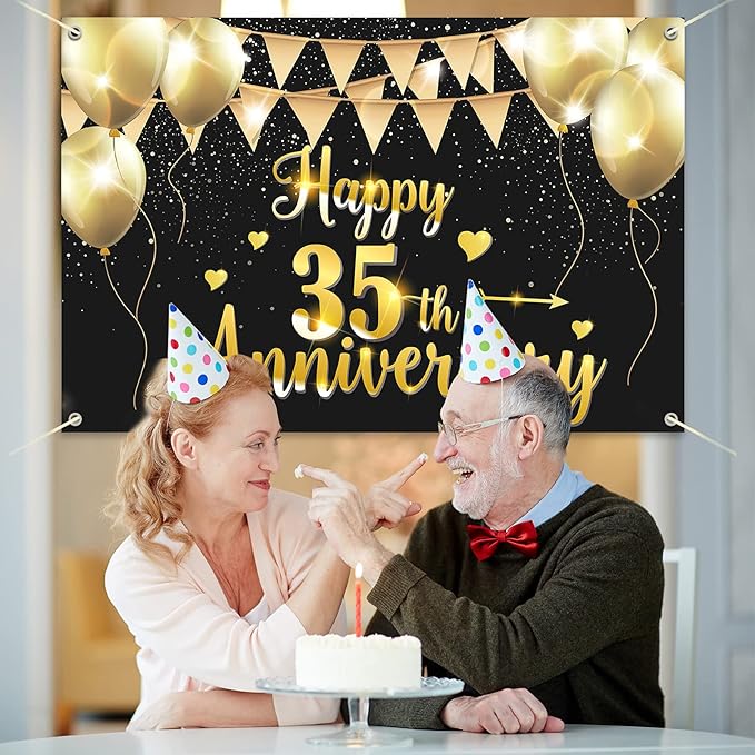 HAMIGAR 6x4ft Happy 35th Anniversary Banner Backdrop - 35 Wedding Anniversary Decorations Party Supplies - Black Gold