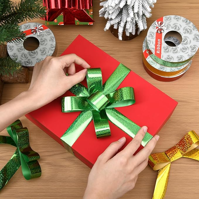 4 Rolls Wrapping Shiny Waterproof Ribbon for Christmas, 50 Yards Curling Plastic Ribbon for Gifts Package Wrapping, Bows, Festival Craft Party Decor (Green, Silver, Red, Gold,1 Inch)