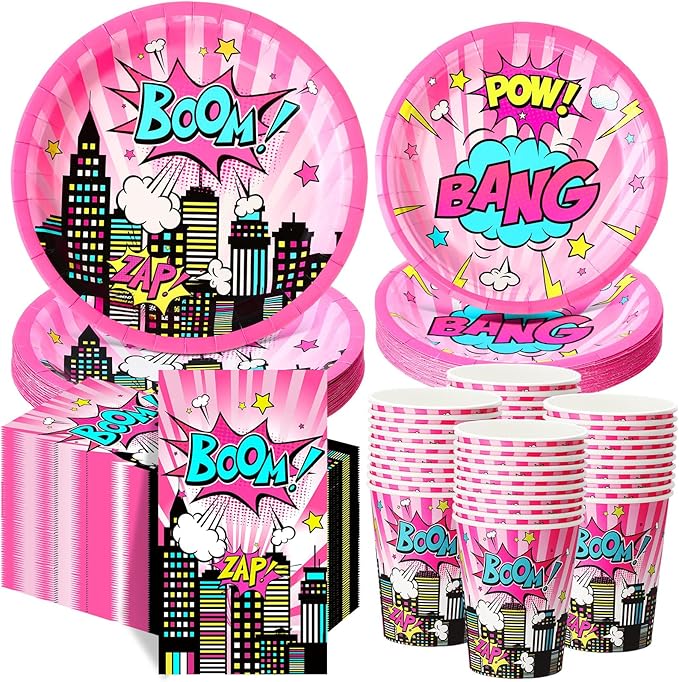 250 Pcs Girl Hero Birthday Decoration Pink Comic Girl Hero Paper Plates Napkins and Cups Power Halloween Theme Party Tableware for Birthday Baby Shower Party Supplies, Serves 50