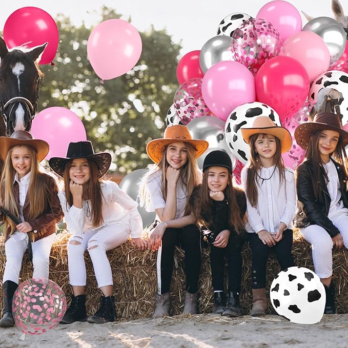 Cowgirl Balloons,12 Inch Cow Print Hot Pink Light Pink and Silver Balloons with Confetti Balloon for Farm Cowgirl Bridal Shower Bachelorette Birthday Party Decorations