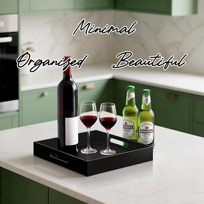 Glossy Black Acrylic Serving Tray with Handles-Butler Trays for Coffee Table, Snacks,Breakfast in Bed, Kitchen Countertop,Vanity,Makeup Organizer,Ottoman (Black, 12x12 Inches)