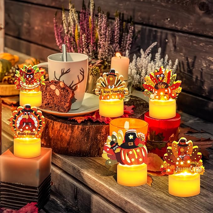 6 PCS Thanksgiving Table Decorations Turkey LED Flameless Candles Battery Operated Thanksgiving Turkey Tea Lights Small Candles Thanksgiving Decorations Turkey Centerpieces for Table Home Indoor Party