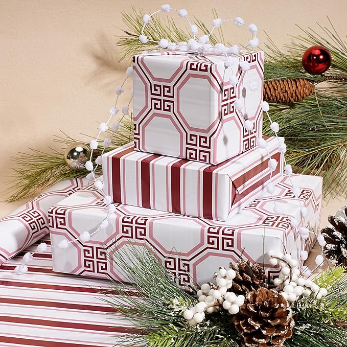 LaRibbons Reversible Minimalist Christmas Wrapping Paper, Greek Key Geometric & Striped Design - Burgundy Pink Modern Gift Wrap for Birthday, Holiday, Xmas Party Celebration, 17 Inch × 33 Feet