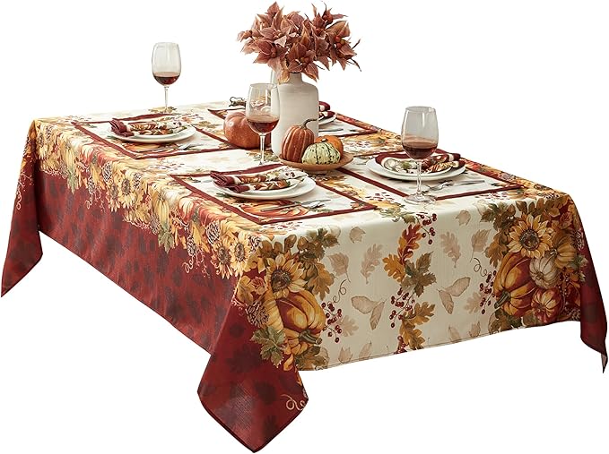 Newbridge Thanksgiving Autumns Bounty Bordered Fabric Tablecloth, 60 x 102 Inch Rectangle, Bountiful Farm Pumpkin Fall Harvest Multicolor Easy Care Table Cloth for Holiday Dining
