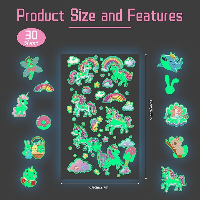 380 Styles (30 Sheets) Luminous Tattoos for Kids, Mixed Styles Temporary Tattoos Stickers with Mermaid/Dinosaur/Space/Unicorn for Boys and Girls, Glow Party Supplies Birthday Gifts
