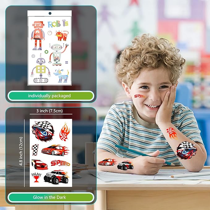 350+ Kids Themed Designs Temporary Tattoos for Boys - Individually Wrapped, Glow in the Dark, Waterproof Fake Tattoos - Multiple Themes: Dinosaur, Animal, Truck, Ocean, Baseball, Soccer, Sports, Car