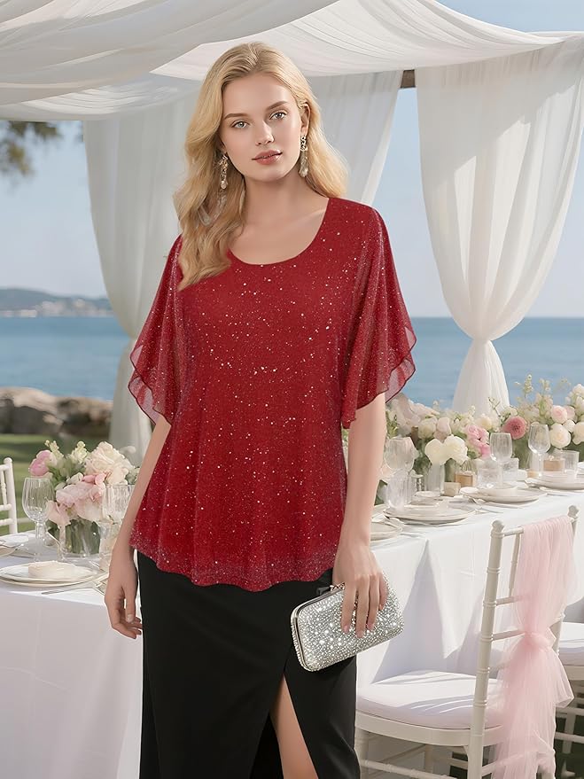Ninedaily Women's Tops 3/4 Sleeve Blouses Dressy Casual Double Layers Mesh Tunic Shirts
