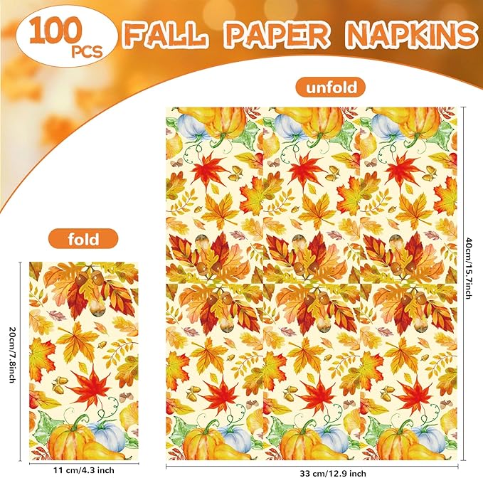 100 Pack Fall Paper Napkins, Autumn Maple Leaves Pumpkin Dinner Party Napkins Disposable Guest Paper Hand Towels Party Supplies for Fall Thanksgiving Harvest Home Dinner Table Bathroom