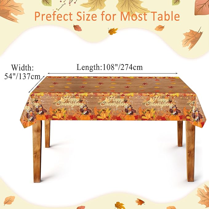 Mornajina 4 Packs 108 x 54 Inch Thanksgiving Fall Leaf Tablecloth Disposable Autumn Maple Leaf Table Cover Rectangle Plastic Table Cloth for Thanksgiving Decoration (Turkey)