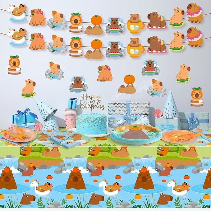 Capybara Party Decoration - Serves 24 - 112Pcs Cute Cartoon Capybara Party Supplies, Animal Orange Disposable Plate Napkin Forks Tablecloth Banner Card, for Kids Birthday Baby Shower