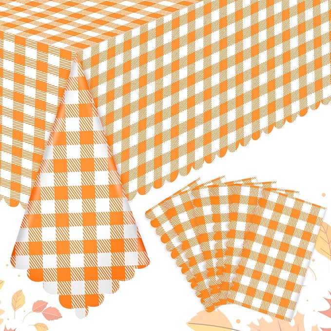 6 Pack Fall Orange Gingham Tablecloth, 54 X 108Inch Plastic Orange Checkered Table Cloth Disposable Scalloped Tablecloths Waterproof Plaid Table Cover for Autumn Harvest Picnic Wedding Birthday Party