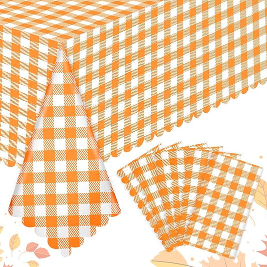6 Pack Fall Orange Gingham Tablecloth, 54 X 108Inch Plastic Orange Checkered Table Cloth Disposable Scalloped Tablecloths Waterproof Plaid Table Cover for Autumn Harvest Picnic Wedding Birthday Party