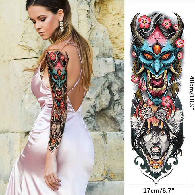 Ghost Joker Temporary Tattoo Sleeves for Kid Women, 4-Sheet Full Arm Colorful Japanese Drama Fake Sleeve Tattoo Sticker and 4-Sheet Realistic Large Half Temp Tatoo Boy Girl Party Favors Leg Body Art