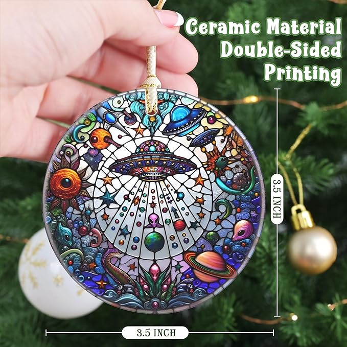 UFO&Alien 3.5 Inch Ceramic Christmas Hanging Ornament - Tree Decoration, Gift Exchange Present