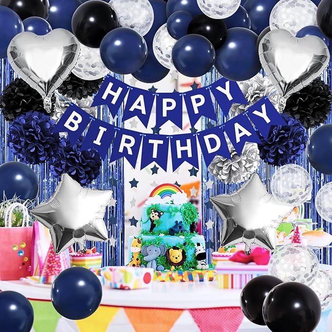 ZERODECO Birthday Party Decorations for Men, Black Navy Blue Silver Happy Birthday Banner Pompoms Balloon Arch Fringe Curtain Party Décor for Men Boys Women Girls Party Decorations Kit