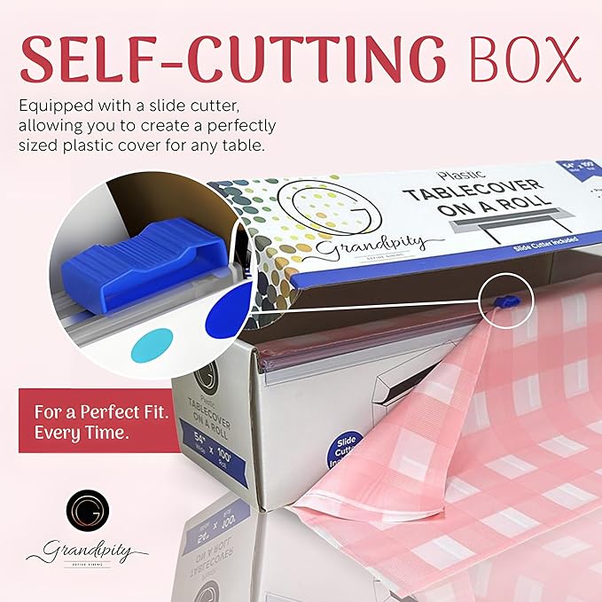 Grandipity Plastic Tablecloth Roll - 54in x 100 Ft. Pink Gingham Plastic Table Cloths for Parties Disposable with Cutter Box - Cut to Size Disposable Tablecloth Table Cover for Rectangle & Round