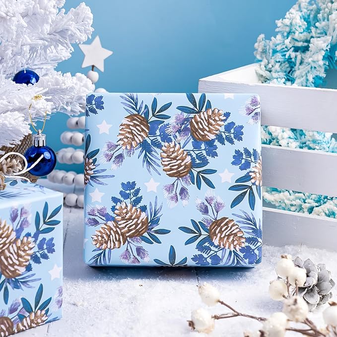 WRAPAHOLIC 30 Inch Christmas Wrapping Paper Roll - Jumbo Roll Red and Blue Snow Globe, Pinecone, Poinsettia, Christmas Tree Wrapping Paper - 4 Rolls - 30 Inch x 120 Inch Per Roll