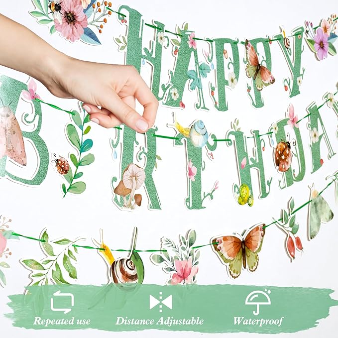 SUNBEAUTY Wildflower Happy Birthday Banner Sage Green Floral Flower Party Decorations Green Butterfly Flowers Banner Summer Spring Butterfly Birthday Party Decorations | Pre-Strung