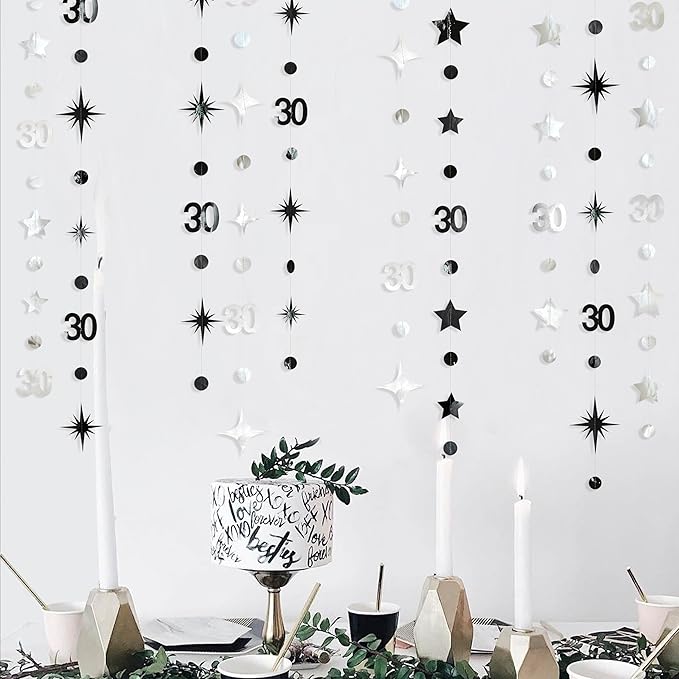 Silver Black 30th Birthday Decorations Number 30 Circle Dot Twinkle Star Garland Metallic Streamer Bunting Banner Backdrop for Mens Womens Happy Dirty 30 Year Old Thirty Anniversary Party Supplies