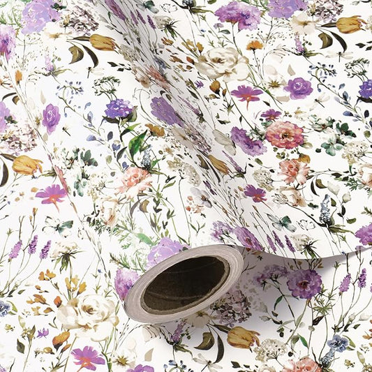WRAPAHOLIC Kraft Floral Wrapping Paper Roll - Mini Roll - 17 Inch x 16.5 Feet - Garden Wildflower Wrapping Paper Perfect for Girls Women Birthday, Wedding, Bridal Shower