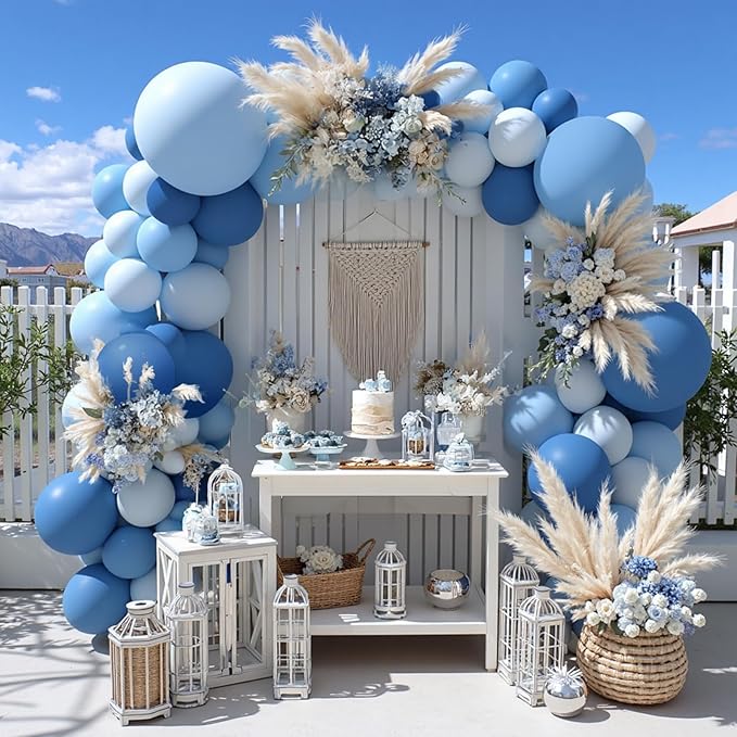 Dusty Blue Balloon Arch Kit | Double Stuffed Dark Light Baby Blue Garland with Navy & Cream White Balloons for Neutral Baby Shower, Gender Reveal, Wedding Decor