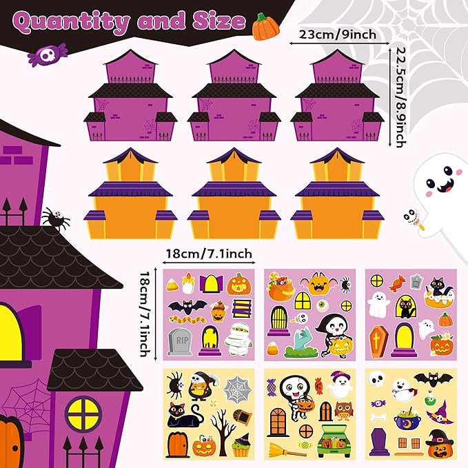 CY2SIDE Halloween Haunted House Stickers Scene - 12 Set Make A Haunted House Sticker Scene Craft Kits for Kid Make Your Own Halloween House Scene with Witch Sticker DIY Halloween Craft Class Activity
