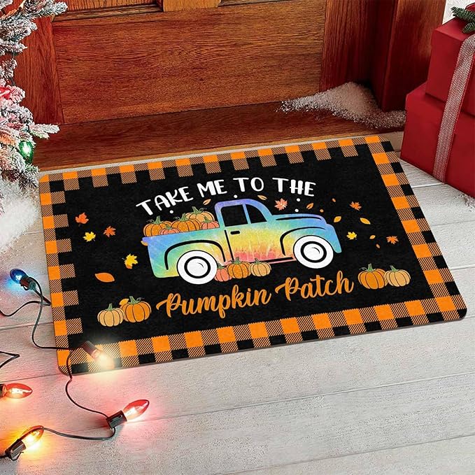 Thanksgiving Door Mat Fall Welcome Mat for Front Door, Autumn Pumpkins with Truck Buffalo Plaid Seasonal Non Slip Doormat for Entrance Entryway Outside Thanksgiving Farmhouse Decor, 24"x16"inch