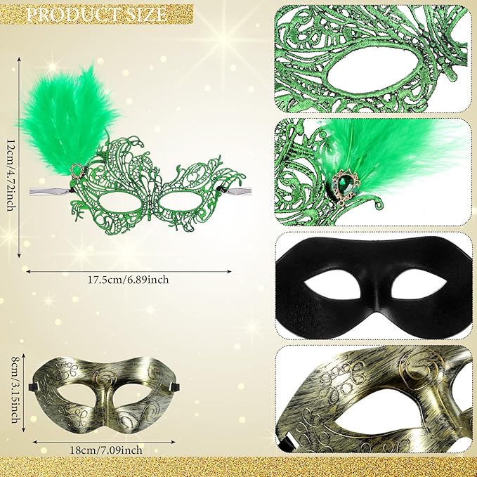 Sratte Couple Masquerade Mask with Feather Flower Unisex Half Face Venetian Mask for Mardi Gras Party