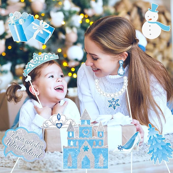 SUNBEAUTY 36 PCS Winter Wonderland Photo Booth Props Frozen Party Decorations Snow White Photo Booth Props for Winter Birthday Theme Party Holiday Christmas Party Supplies