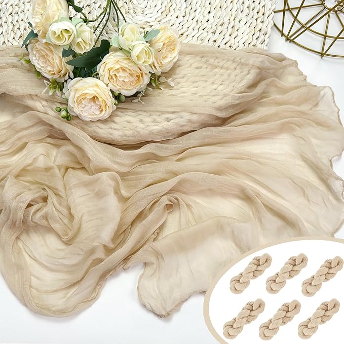 Booque Valley 6 Pack Beige Cheesecloth Table Runner 10ft Super Soft Boho Wrinkled Gauze Sheer Cloth for Baby Shower Baptism Birthday Party Wedding Centerpiece Table Decoration, 35x120 Inch